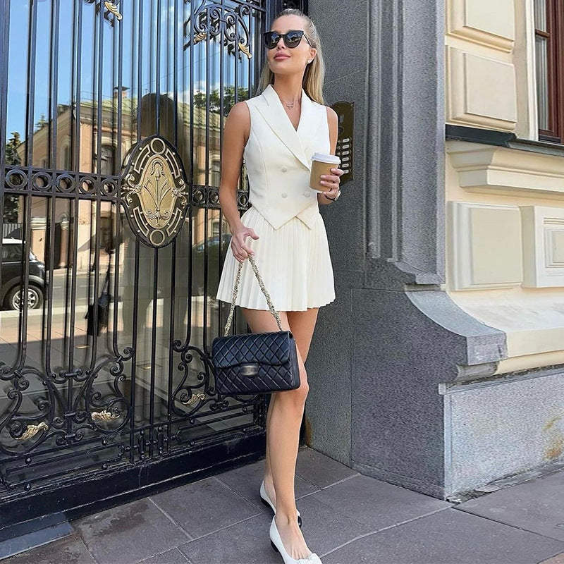 Lino De Gasperi - Polo Collar Top & Pleated Skirt Suit
