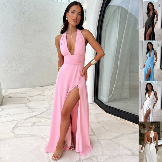 Lino De Gasperi - Backless Halterneck V-Neck Slit Dress