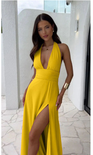 Lino De Gasperi - Backless Halterneck V-Neck Slit Dress